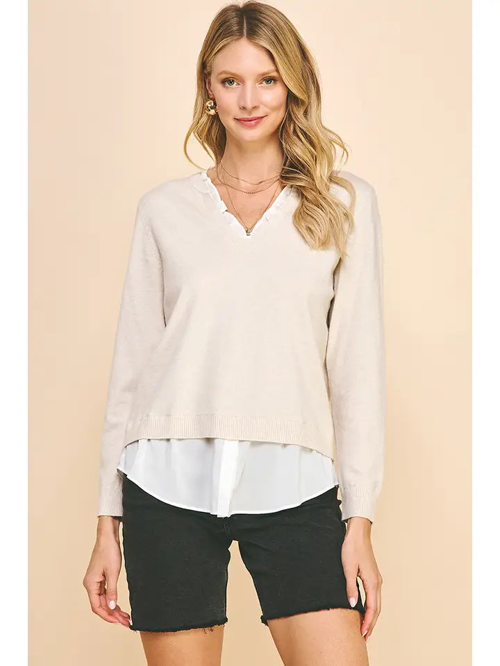 V-Neck Knit Woven Combo Top
