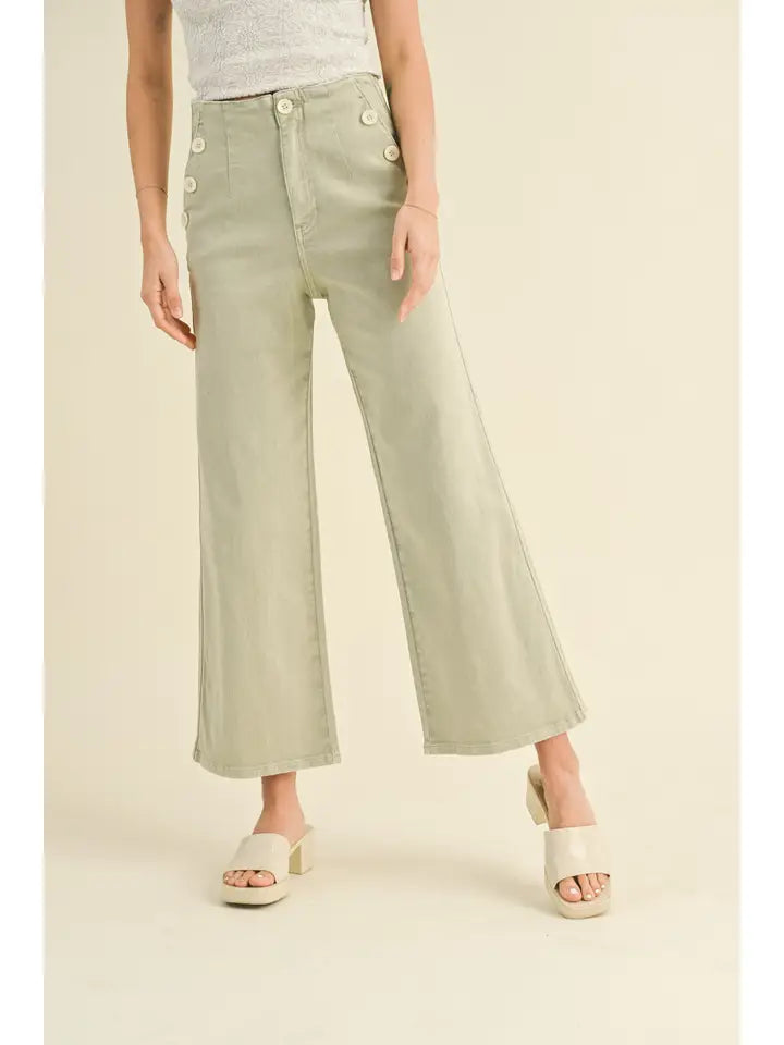 Washed Cotton Button Detailed Pants SAGE