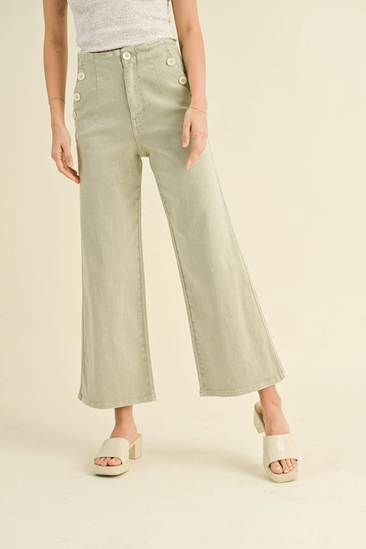 Washed Cotton Button Detailed Pants SAGE