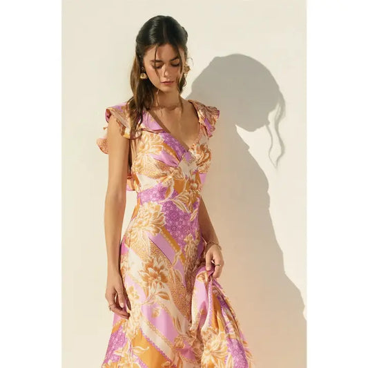 Riviera Bloom Flutter Detail Open Back Maxi Dress
