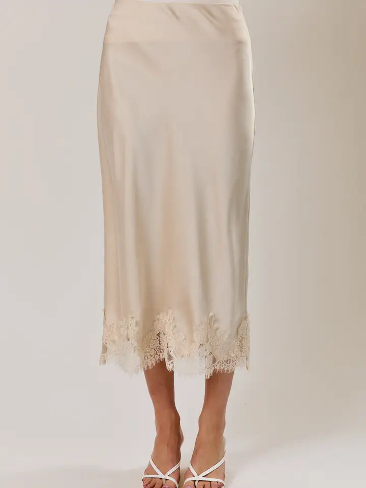 Lace Applique Satin Bias Midi Skirt