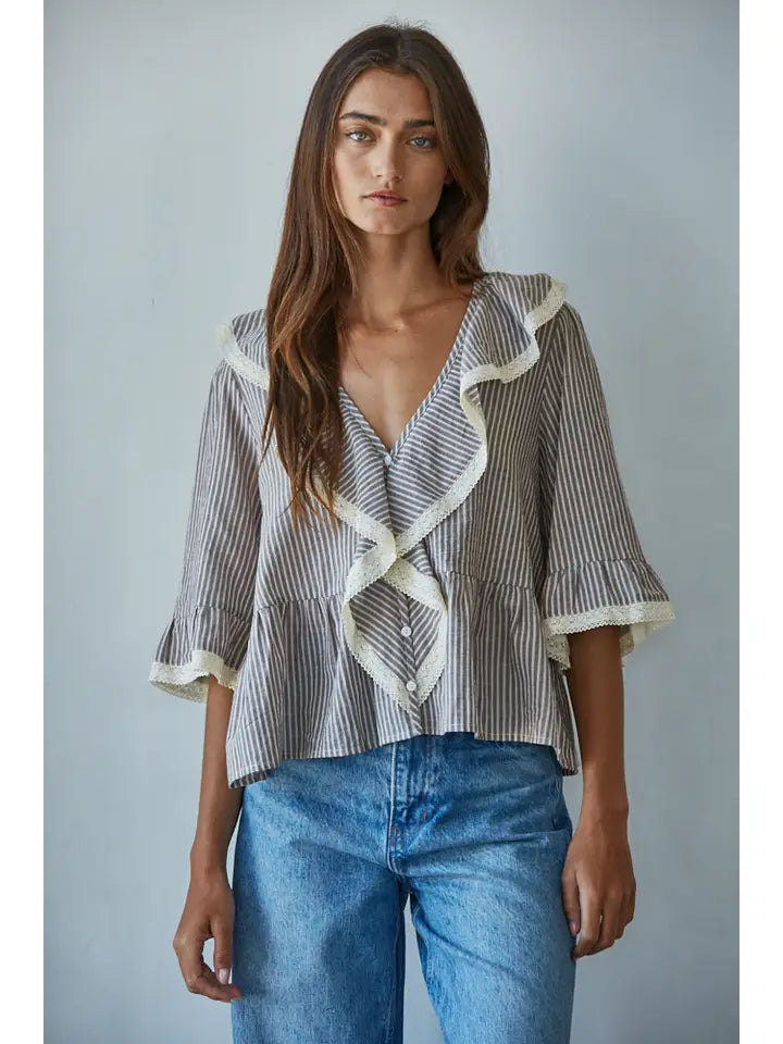 Woven Cotton Linen Striped Ruffle Top