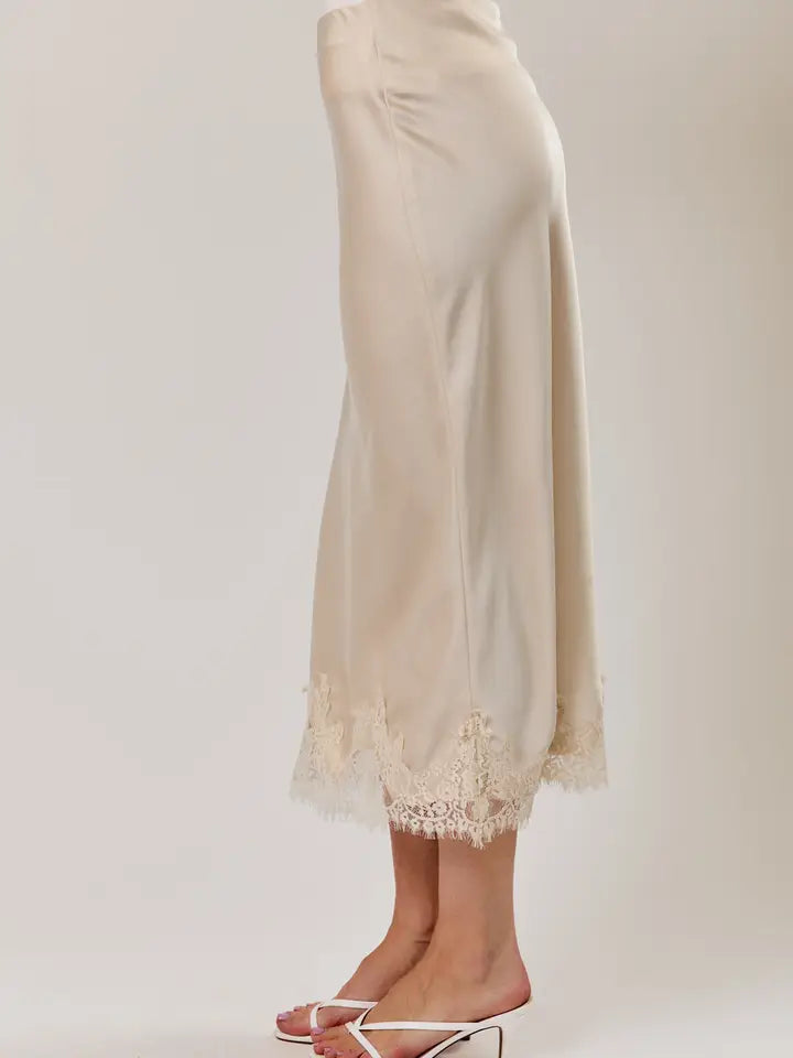 Lace Applique Satin Bias Midi Skirt