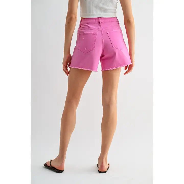 Pink High-Rise Raw Hem Mid Length Shorts