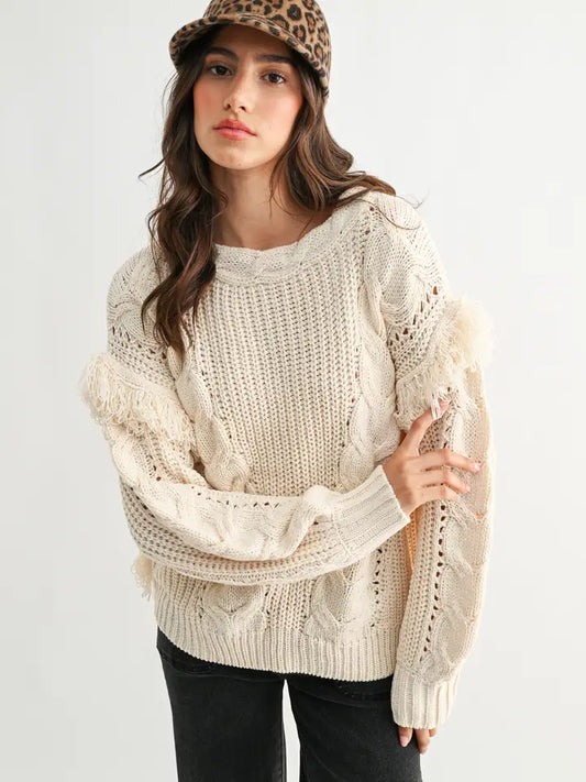 Fringe Detail Cable Knit Sweater