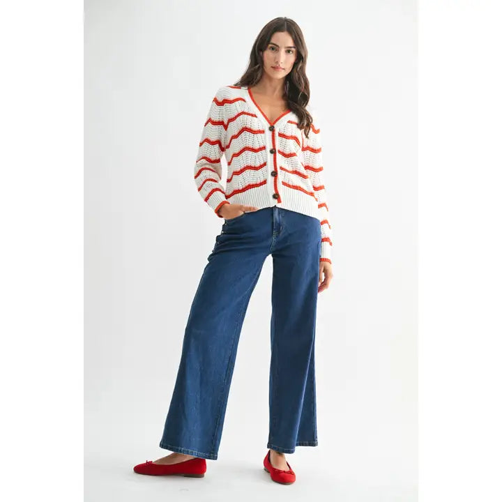 Chevron Stripe Button-Up Knit Cardigan