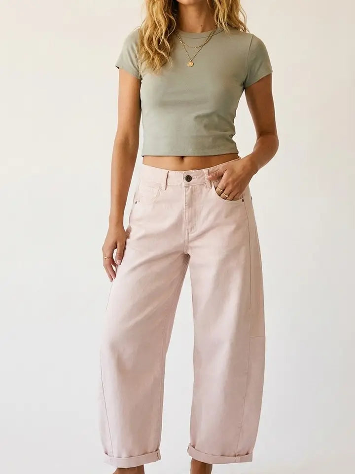Light Pink Wide-Leg Barrel Style Pants with Rolled Hems