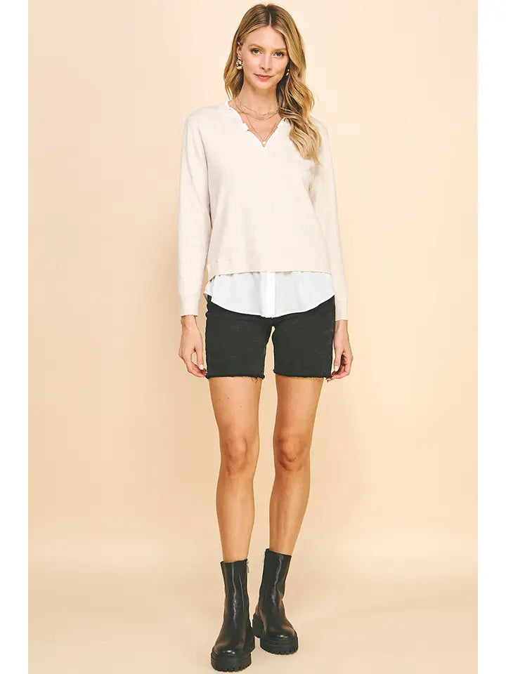 V-Neck Knit Woven Combo Top