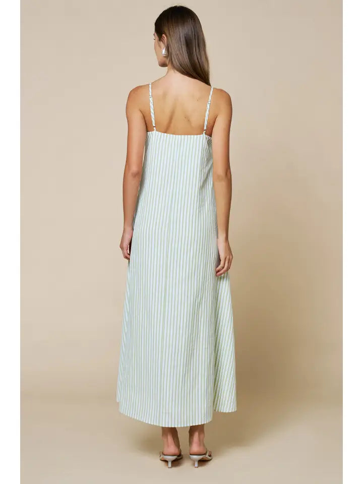 Stripe Print Pleated Spaghetti Straps Maxi Dress