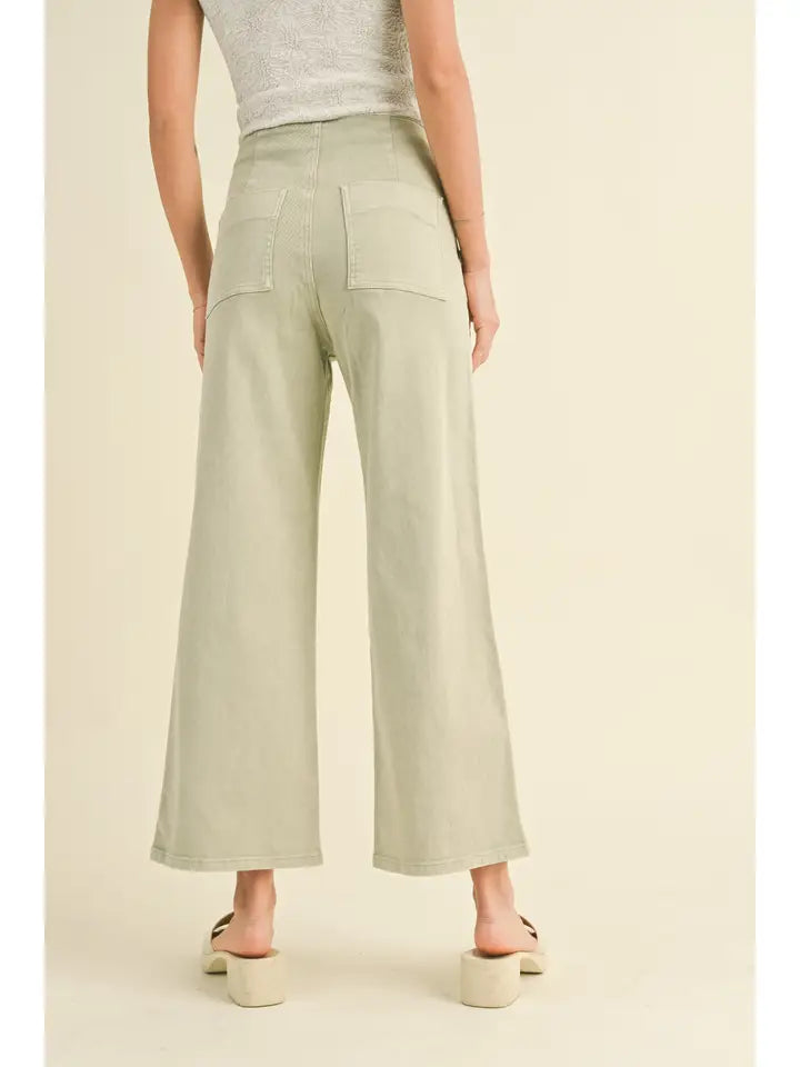 Washed Cotton Button Detailed Pants SAGE