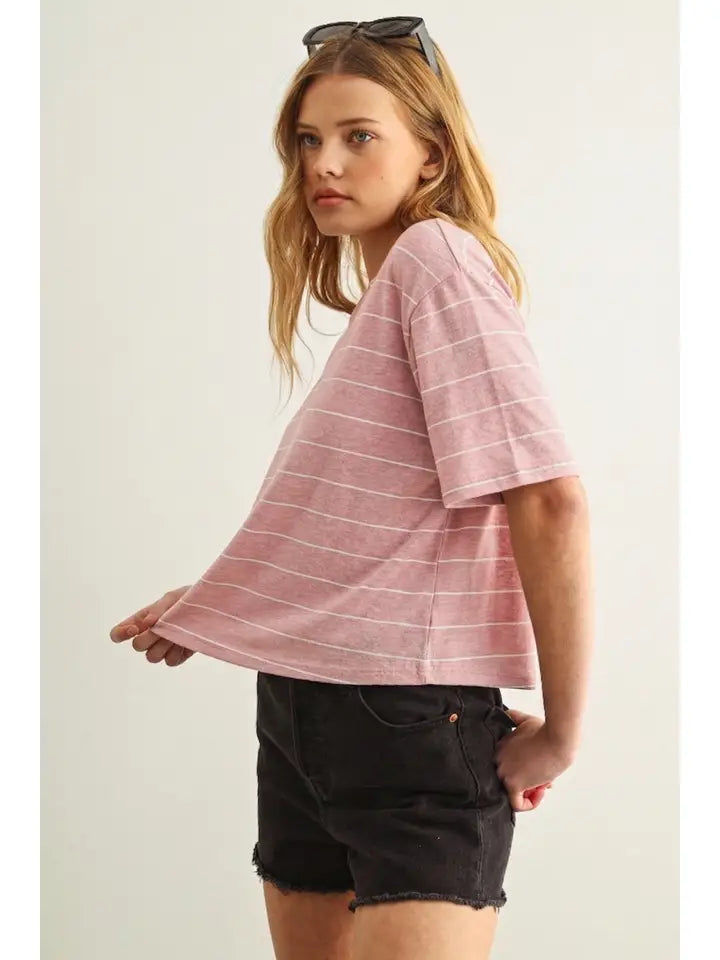 Stripe Cotton Linen Short Sleeve Top