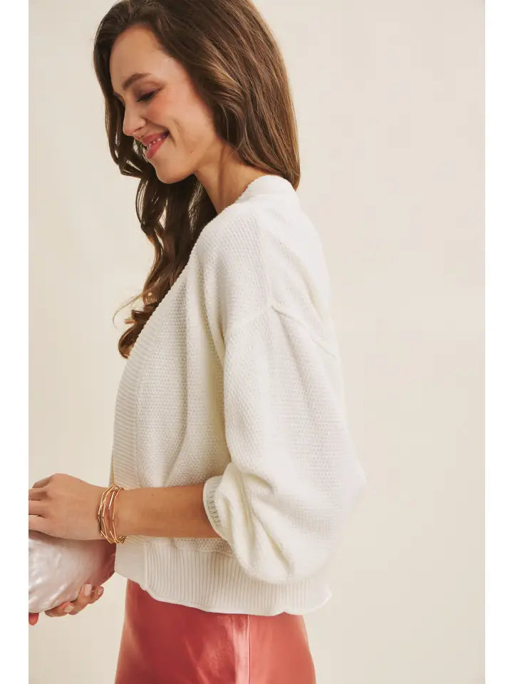 Timeless Layering Waffle Sweater Cardigan in Balloon Sleeves