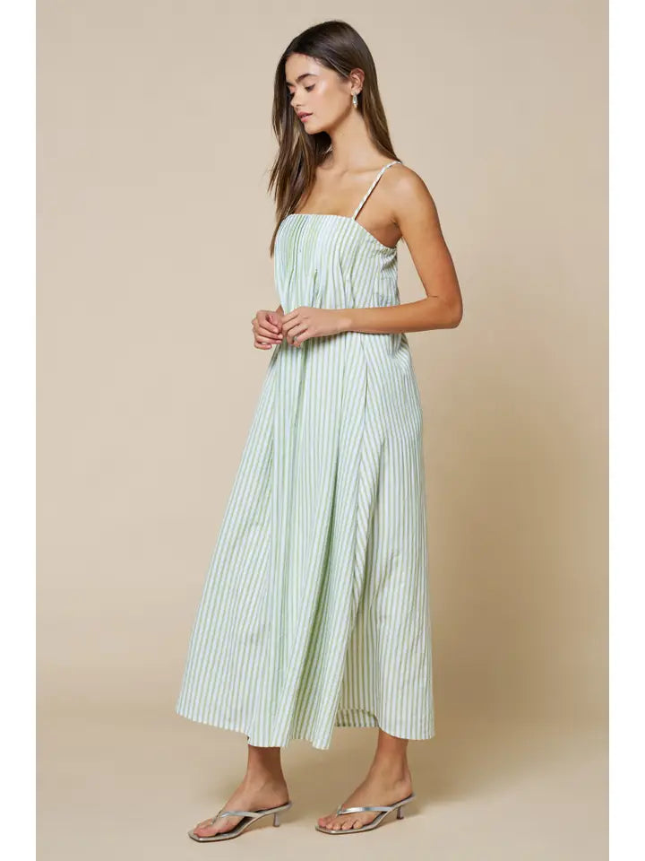 Stripe Print Pleated Spaghetti Straps Maxi Dress
