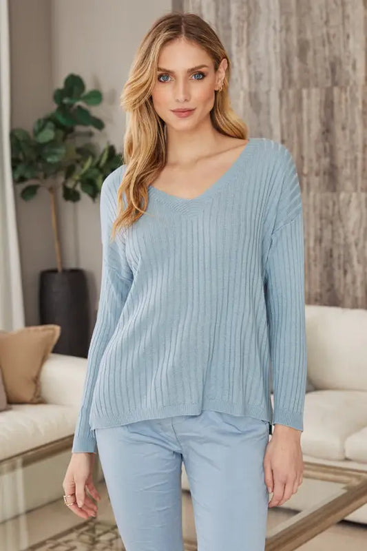 Denim Blue Italian Made V-Neck Sweater