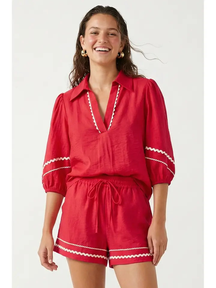 Contrast Trim Puff Sleeve Linen Blouse