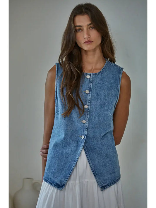 Denim Cotton Viscose Polyester Button Down Vest Top