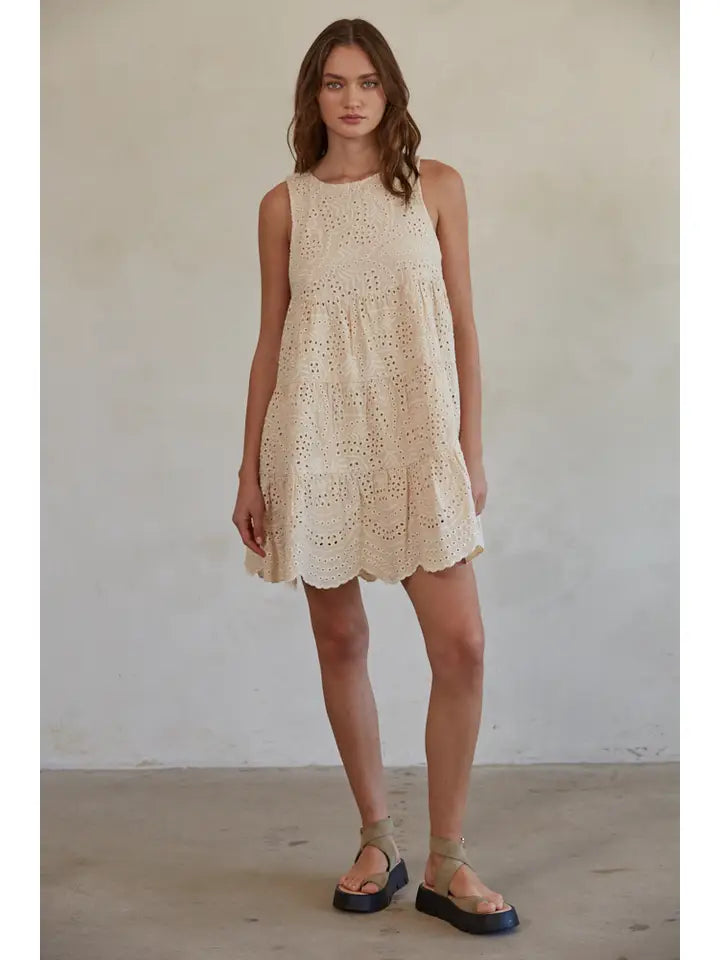 Cotton Eyelet Sleeveless Flare Mini Babydoll Dress