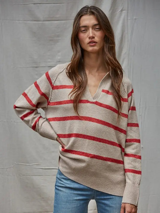 Knit Sweater Striped Collar V-Neck Pullover