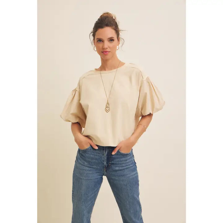 Oversized Cotton Jersey Top with Voluminous Bubble Sleeves