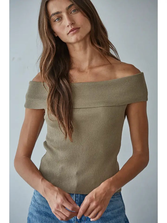 Knit Sweater Ribbed Fold Over Off the Shoulder Top