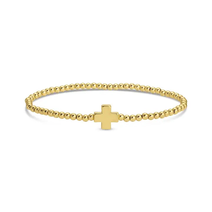 3mm Beaded Stretch Bracelet with Single Gold Cross