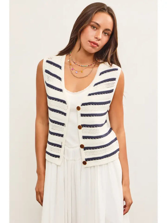 Striped Button Closure Sleeveless Sweater Vest