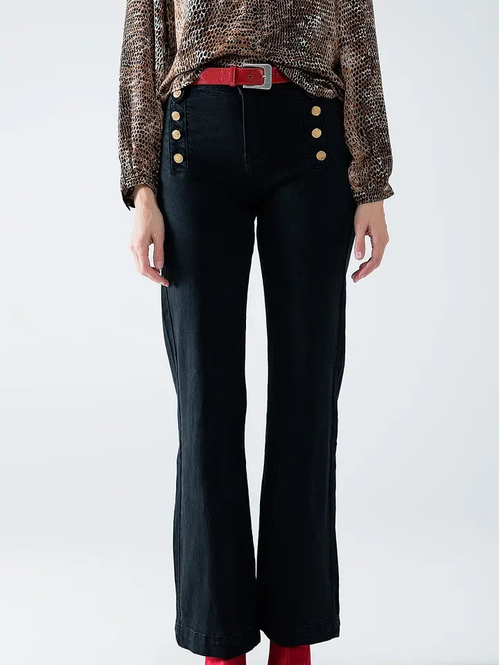 Straight Jeans with Gold Buttons At the Side