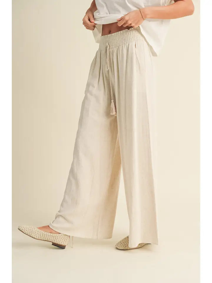 COTTON LINEN SMOCKED WAIST PANTS