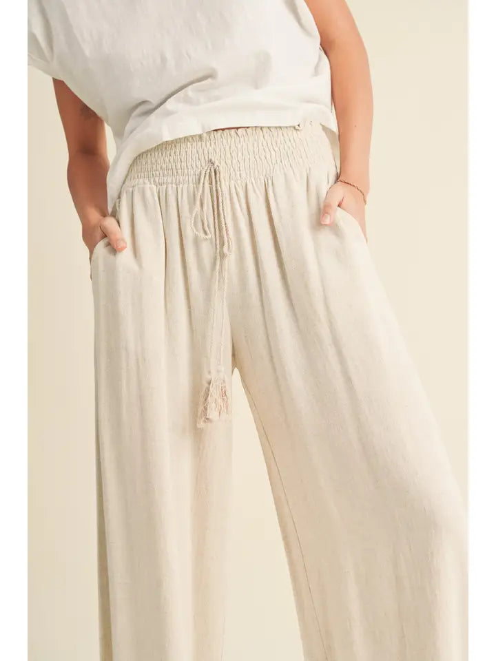 COTTON LINEN SMOCKED WAIST PANTS