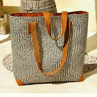 Oversized Rattan Tote Bag with Brown Leather Trim