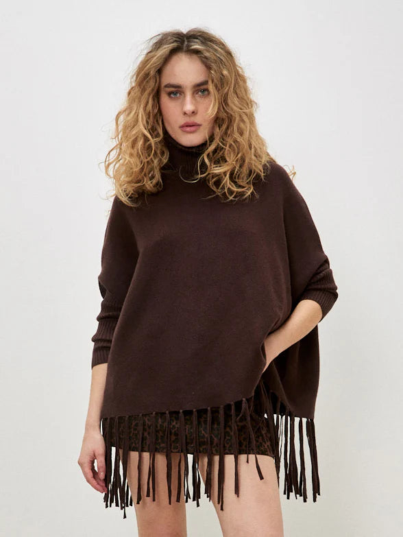 Apricot Roll Neck Fringe Ponch Jumper